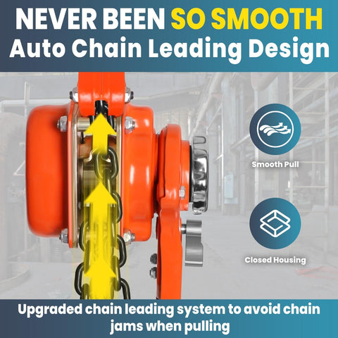 Close-up of Heavy Duty Manual Chain Winch Lever Hoist 13200 Lbs with auto chain lead and rotating hook in warehouse.