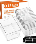 Bulk Clear Storage Bins Set Of 12 With Durable Handles And Blank Labels For Stackable Plastic Pantry Organization, clear bins and labels.