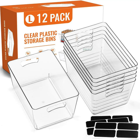 Bulk Clear Storage Bins Set Of 12 With Durable Handles And Blank Labels For Stackable Plastic Pantry Organization, clear bins and labels.