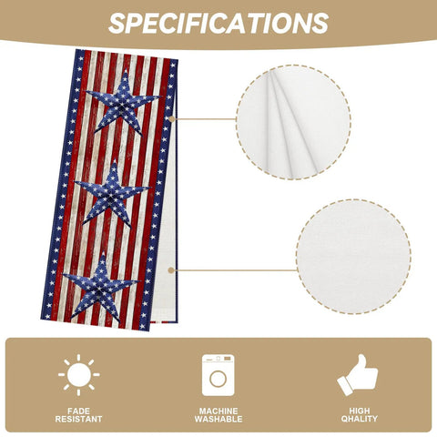 All American Patriotic Table Runner With Red White And Blue Stars For Fourth of July Memorial Day and Veterans Day Durable Polyester Waterproof Machine Washable 13x72 Inch Table Decor for Indoor or Outdoor Tables Great For Backyard BBQs showing fade-resistant fabric and stitching details.