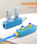 Aluminum Air Manifold Five Port Pneumatic Splitter For Air Compressors shown with blue block and fittings. 120 PSI set.