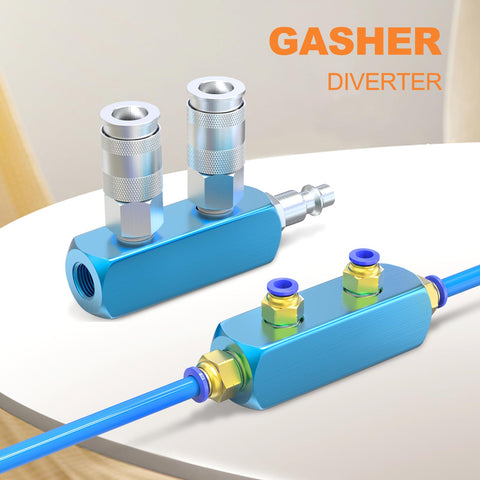 Aluminum Air Manifold Five Port Pneumatic Splitter For Air Compressors shown with blue block and fittings. 120 PSI set.