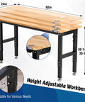 Adjustable Garage Workbench With Rubber Wood Top Heavy Duty Steel Frame Five Height Settings Built In Power Outlets