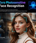 Zero Photosensitive Face Recognition technology shown on young woman, highlighting secure and fast facial unlock feature.
