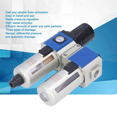 Heavy Duty 3 In 1 Pneumatic Air Filter Regulator Lubricator Combo With Water Oil Trap Separator, silver body, blue top