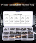 Front view of a 140-piece stainless steel round-ended feather key set in a white plastic storage case