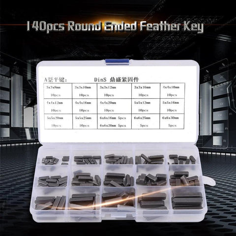 Front view of a 140-piece stainless steel round-ended feather key set in a white plastic storage case