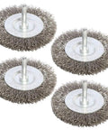 Four Piece Three Inch Stainless Steel Wire Wheel Brush Kit For Drills With One Quarter Inch Shank Ideal For Power Grinders
