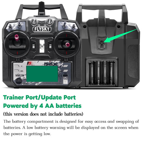 Front view of the Six Channel 2.4GHz RC Transmitter Controller With iA6B Receiver showing battery compartment and trainer port