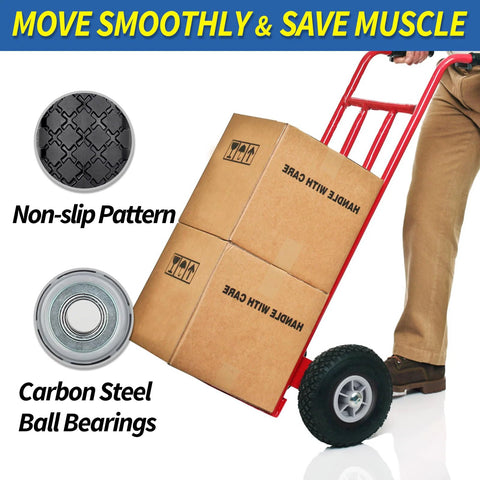 Hand truck with 10x3.00-4 Flat Free Tire And Wheel Assembly for carts, featuring non-slip pattern and carbon steel ball bearings