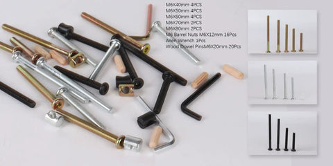 Heavy Duty Baby Crib Bed Frame Bolts And Screws Hardware Replacement Kit With M6 Hex Drive Socket Cap Screws Barrel Nuts And Wooden Dowel Pins For Smooth Setup Tough As Nails Furniture Assembly Bronze 16 Piece Set with various screws and fasteners.
