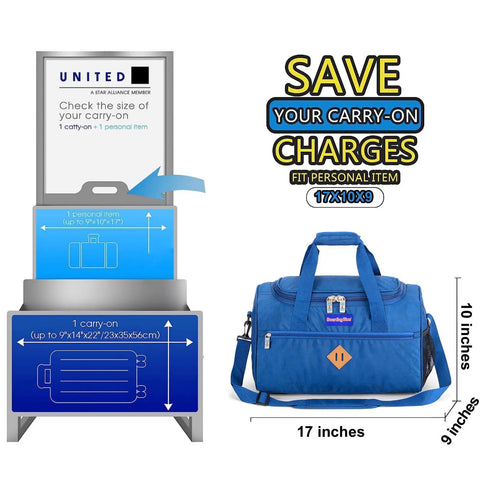 Underseat Personal Item Duffle Bag Measures 17 By 10 By 9 Inches, Fits Major Airlines Like Spirit JetBlue Frontier American Navy