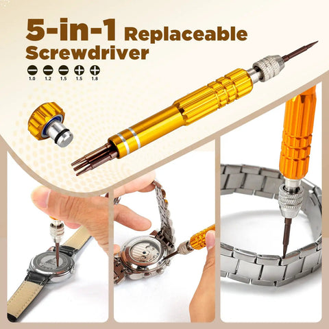 5-in-1 replaceable screwdriver used for watch repair from Pro-Grade All-In-One Watch Repair Kit With Link Removal, Pin Tool, Battery Replacement.