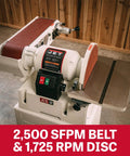 Heavy Duty 6 By 48 Inch Belt And 12 Inch Disc Sander With Closed Stand One Point Five Horsepower Dual Voltage Cast Iron Tables Adjustable Stops For Pro Shop Woodworking Rigs And Killer Sanding Performance, showing 2500 SFPM belt and 1725 RPM disc.