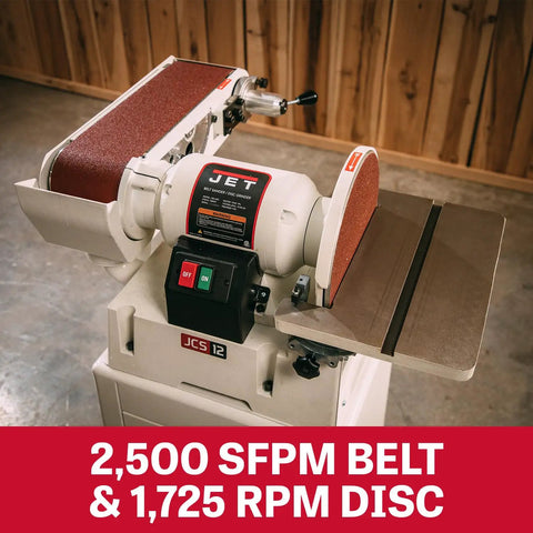 Heavy Duty 6 By 48 Inch Belt And 12 Inch Disc Sander With Closed Stand One Point Five Horsepower Dual Voltage Cast Iron Tables Adjustable Stops For Pro Shop Woodworking Rigs And Killer Sanding Performance, showing 2500 SFPM belt and 1725 RPM disc.