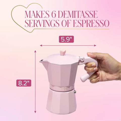Pink Stovetop Espresso Maker 6 Cup Moka Pot With Heart Knob For Rich Aromatic Espresso At Home Italian And Cuban Style Coffee Pot Great For Coffee Lovers shown in hand to highlight size