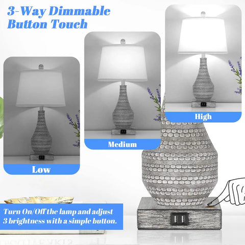 Cozy Rustic Bedside Lamp Set Of 2 With Touch Dimmer And USB Ports shown with three brightness levels, elegant vase style.