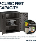 Heavy-Duty Resin Outdoor Storage Cabinet For Garage And Shed, open with 2 metal reinforced shelves and garage items inside