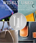 Collage of leather items with 5mm Leather Hole Punch Tool Set With 2 4 6 Prong Tooth overlaid, showing stitching examples.