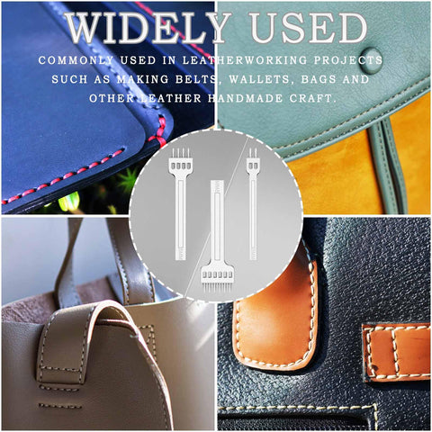 Collage of leather items with 5mm Leather Hole Punch Tool Set With 2 4 6 Prong Tooth overlaid, showing stitching examples.