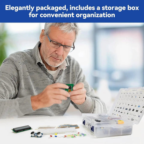 Man assembling Raphael Raspberry Pi Starter Kit For Beginners With 337 Components at table with organized storage box