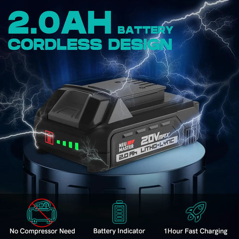Cordless Two In One Brad Nailer And Staple Gun Powered By 20V Rechargeable Battery, 2.0AH battery with fast charging feature.