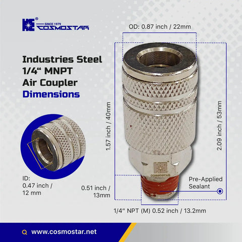 Sturdy Steel Air Coupler One Fourth Inch Flow Size NPT Male Thread Quick Connect With Pre Applied Sealant For Leak Free Air Tool Connections