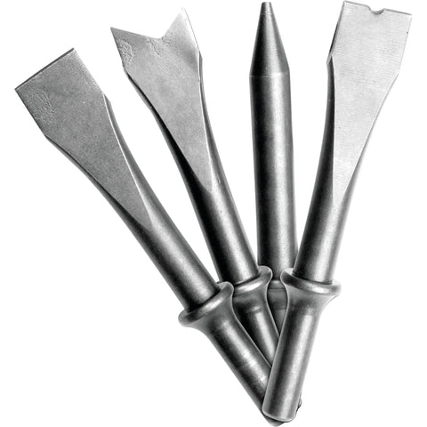 Four chisels from Air Hammer Kit With 4 Chisels And Built In Regulator For Auto Body Repairs Pro Grade Performance Quick Change Retainer Durable Pneumatic Hammer For Panel Cutting Rivet Removal And Exhaust Work Model M550DB.