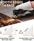 GETLITOOL pneumatic chamfering tool in side view, cutting metal edge with sparks; black handheld tool with gold dial