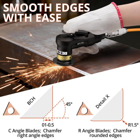 GETLITOOL pneumatic chamfering tool in side view, cutting metal edge with sparks; black handheld tool with gold dial