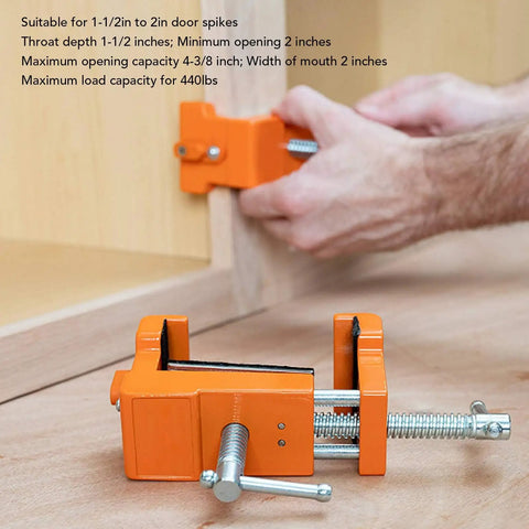 Badass Cabinet Clamps 2 Pack For Real Woodworking Projects With Flip Side Pilot Drill Guide Heavy Duty Aluminum Build 440 Pound Holding Power Fits One Point Five To Two Inch Door Stiles with adjustable throat depth.