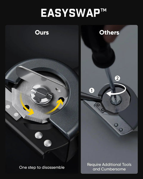 Fanttik C8 Nano Cordless Box Cutter EasySwap blade disassembly comparison, showing one-step vs multiple tools needed.