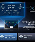No Fuss 4 Spool Filament Dryer Box With Auto Humidity Control display showing 65°C, 70°C settings, auto-start, auto-stop features