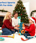 Family enjoying Toddler Golf Set With Putting Mat And Mini Golf Cart For Indoor And Outdoor Fun by Christmas tree.