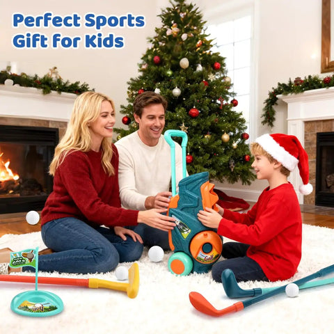 Family enjoying Toddler Golf Set With Putting Mat And Mini Golf Cart For Indoor And Outdoor Fun by Christmas tree.