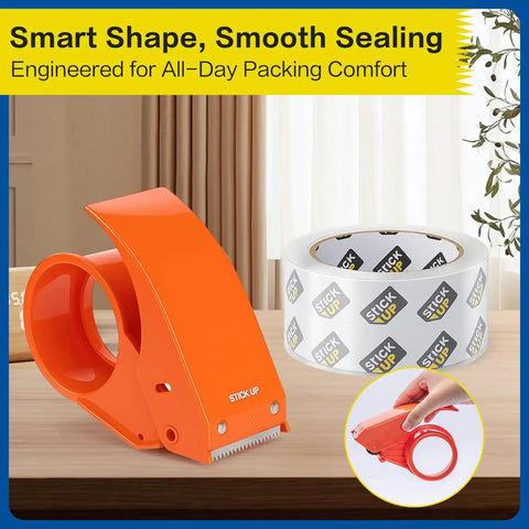 Two Pack Heavy Duty Packing Tape With Dispensers 1.88 Inch Wide By 65 Yards Each 130 Yards Total Clear Packing Tape For Moving Boxes Shipping And Mailing With Strong Water Based Adhesive shown with orange dispenser