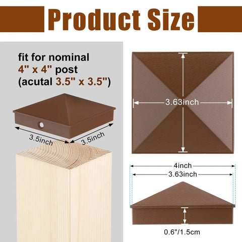 8 Pack 4x4 Aluminum Pyramid Post Caps Brown for All Weather Outdoor Fence and Deck Posts 3.5 x 3.5 to 3.625 Inch Includes 16 Screws