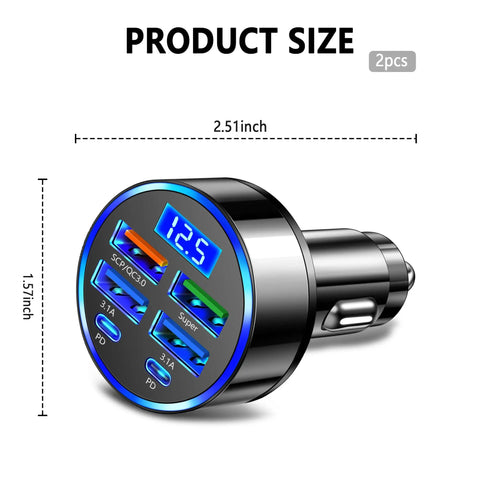 Six Port Usb C Car Charger With Pd Qc3.0 Fast Charging And Voltage Monitor Built Different Essential For Your Ride Fam Fits All iPhones And Androids Double Pack showing product size dimensions 2.51inch x 1.57inch.