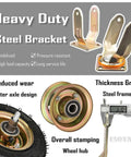 Rock Hard Heavy Duty Pneumatic Rubber Swivel Caster Wheels With Parking Brakes Rolls Smooth As Glass Silent Glide Industrial Casters, close-up of steel bracket and wheel hub.