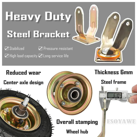 Rock Hard Heavy Duty Pneumatic Rubber Swivel Caster Wheels With Parking Brakes Rolls Smooth As Glass Silent Glide Industrial Casters, close-up of steel bracket and wheel hub.