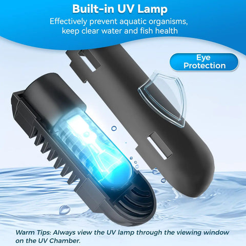 Close-up of UV clarifier feature in Pond Filter With Pump Fountain Kit Built-In UV Clarifier 660GPH 40W for outdoor use.