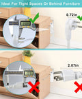 Right Angle Flat Plug Extension Cord 1 Foot 3 Prong White NEMA 5 15R Grounded SJT 16AWG Flexible Power Cable 125V 13A 1625W Ideal For Home Office Desk Behind Furniture Low Profile Plug showing measurements near a cabinet.