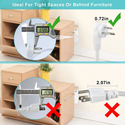 Right Angle Flat Plug Extension Cord 1 Foot 3 Prong White NEMA 5 15R Grounded SJT 16AWG Flexible Power Cable 125V 13A 1625W Ideal For Home Office Desk Behind Furniture Low Profile Plug showing measurements near a cabinet.