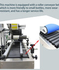 Killer Fully Automatic Labeling Machine For Round Bottles Cranking 20 To 60 Labels Per Minute With Zero Hassle Auto Correction Touch Screen and Smooth Roller Horizontal Setup with roller conveyor for small bottles.