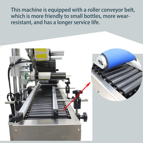 Killer Fully Automatic Labeling Machine For Round Bottles Cranking 20 To 60 Labels Per Minute With Zero Hassle Auto Correction Touch Screen and Smooth Roller Horizontal Setup with roller conveyor for small bottles.
