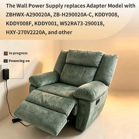 Beefed Up Replacement 29V 2A AC DC Power Adapter For Recliner Couch HXY 270V2220A ZB H290020A C Dual Pin 90 Degree Plug, wall adapter connected to green recliner chair