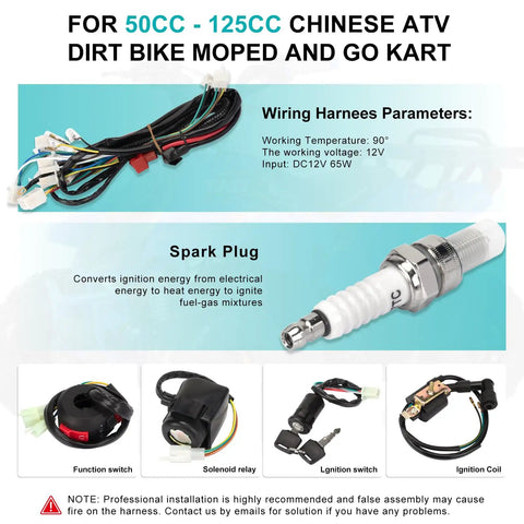 All In One ATV Wiring Harness Kit For 50cc 70cc 90cc 110cc 125cc Quads And Go Karts With 6 Pole Stator CDI Spark Plug Relay diagram