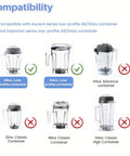 Compatibility chart for Beefed Up Ascent Blade Assembly 105733 Replacement For High Performance Blender with container sizes.