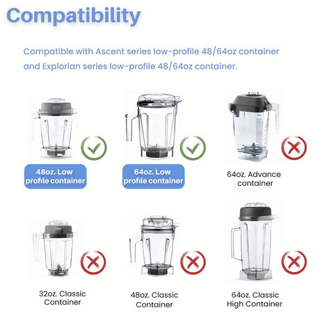 Compatibility chart for Beefed Up Ascent Blade Assembly 105733 Replacement For High Performance Blender with container sizes.