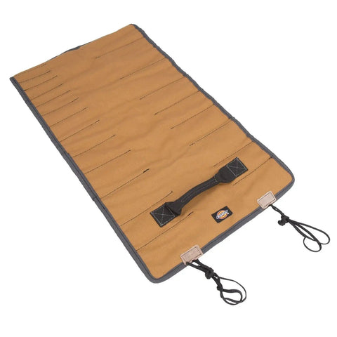 Beefy Wrench and Screwdriver Organizer Roll For Mechanics, 23 Tool Pockets, unrolled canvas with carry handle, grey tan.